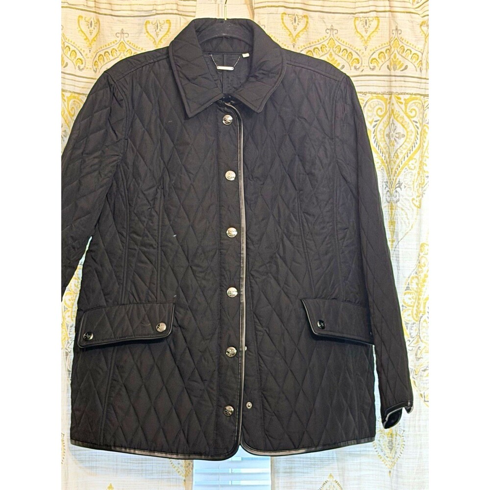 Chico’s size 3 XL black quilted jacket faux leather trim snap front coat
